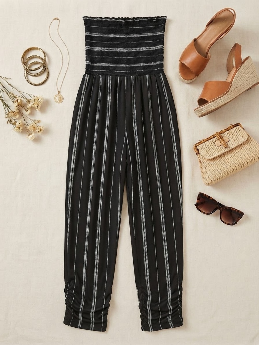 Strapless Smocked Wide-Leg Jumpsuit in Black Stripe